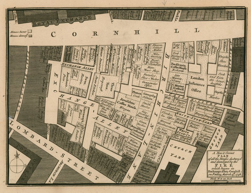 Plán domů zničených při požáru, který začal v Exchange Alley, Cornhill, Londýn, 25. března 1748 od English School