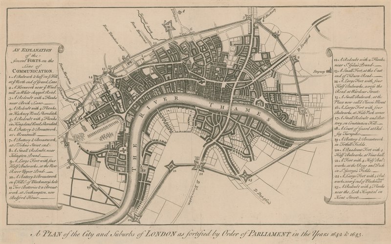 Plán města a předměstí Londýna, jak byly opevněny na příkaz parlamentu v letech 1642 a 1643 od English School