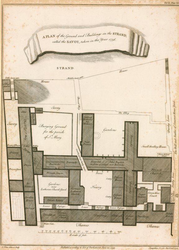 Plán pozemku a budov v Strand zvaném Savoy, pořízený v roce 1736 od English School