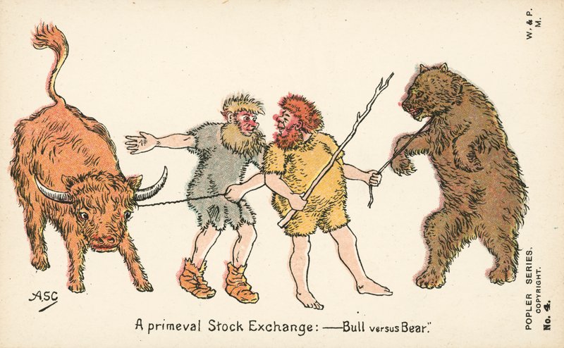 Pravěká burza - býk versus medvěd (barevná litografie) od English School