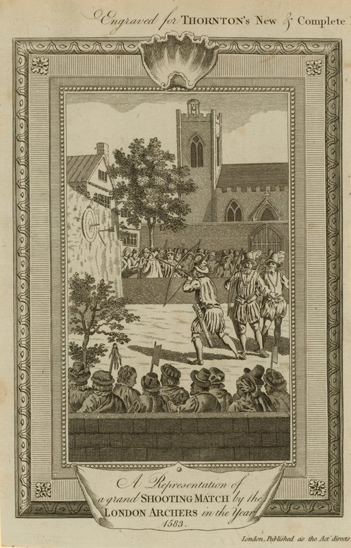 Znázornění velkého střeleckého zápasu londýnských lukostřelců v roce 1583 od English School