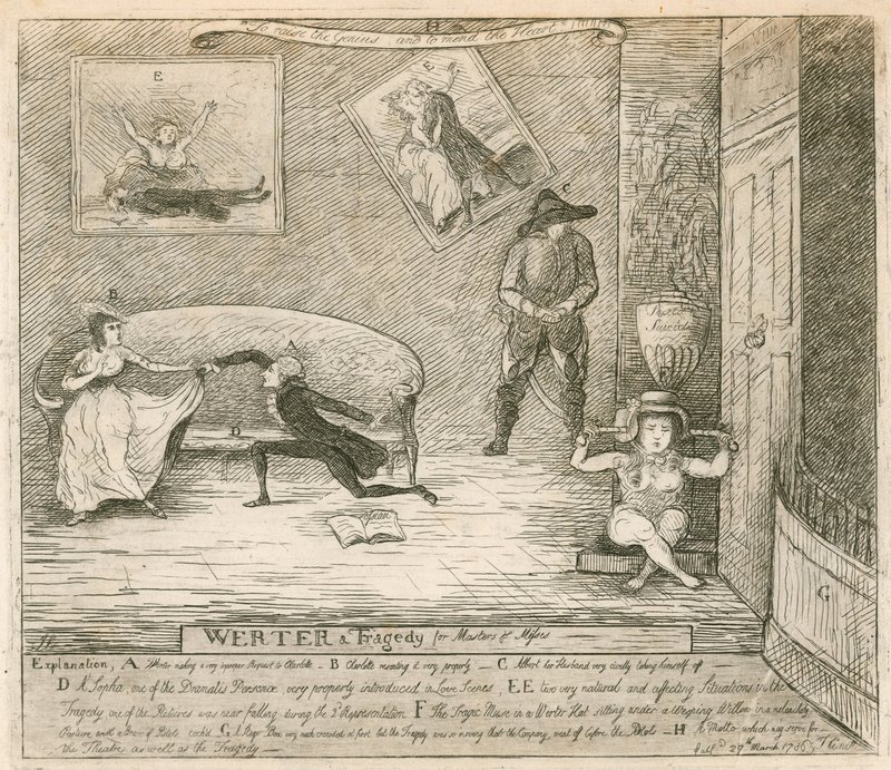 Scéna z F Reynoldss burlesky Werter, poprvé provedená v Covent Garden Theatre v Londýně dne 14. března 1786 od English School