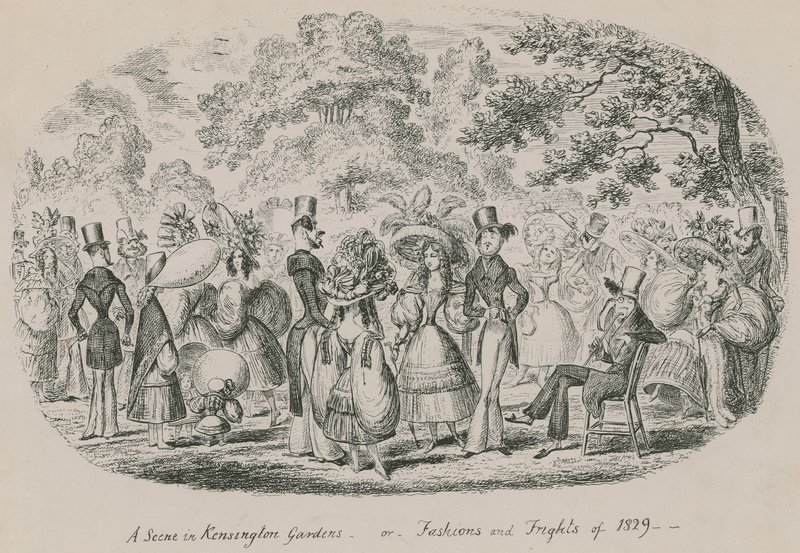 Scéna v Kensington Gardens nebo Fashions and Frights z roku 1829 od English School