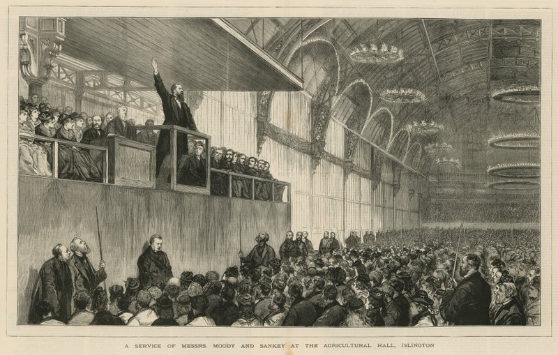 Služba pánů Moodyho a Sankeyho v Agricultural Hall, Islington od English School