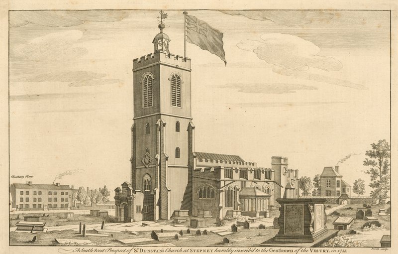 Jihozápadní vyhlídka St Dunstans Church v Stepney v Londýně od English School
