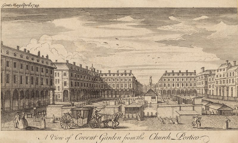 Pohled na Covent Garden v Londýně z kostelního sloupoví od English School