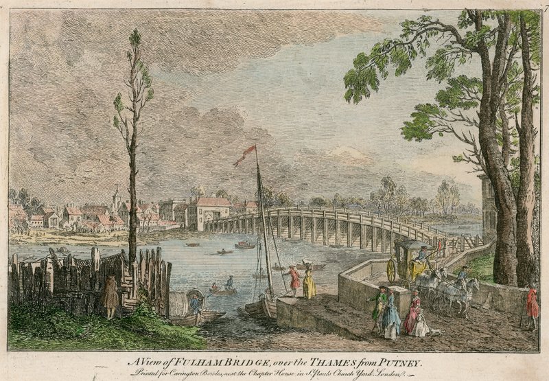 Pohled na Fulham Bridge, Londýn, přes řeku Temži z Putney od English School