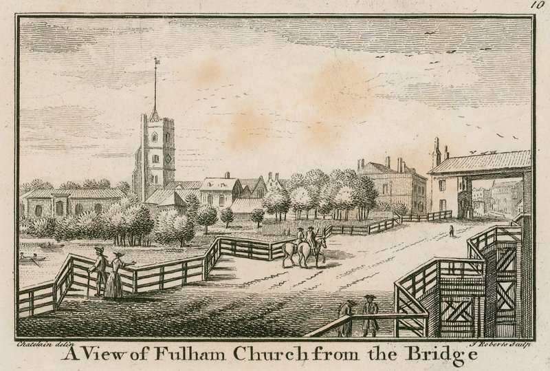 Pohled na Fulham Church, Londýn, z Fulham Bridge od English School