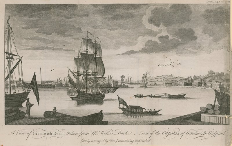 Pohled na Greenwich Reach, převzatý z pana Wellse Dock od English School