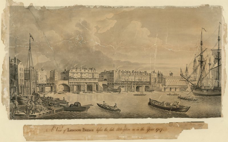 Pohled na London Bridge před pozdní přestavbou jako v roce 1757 od English School