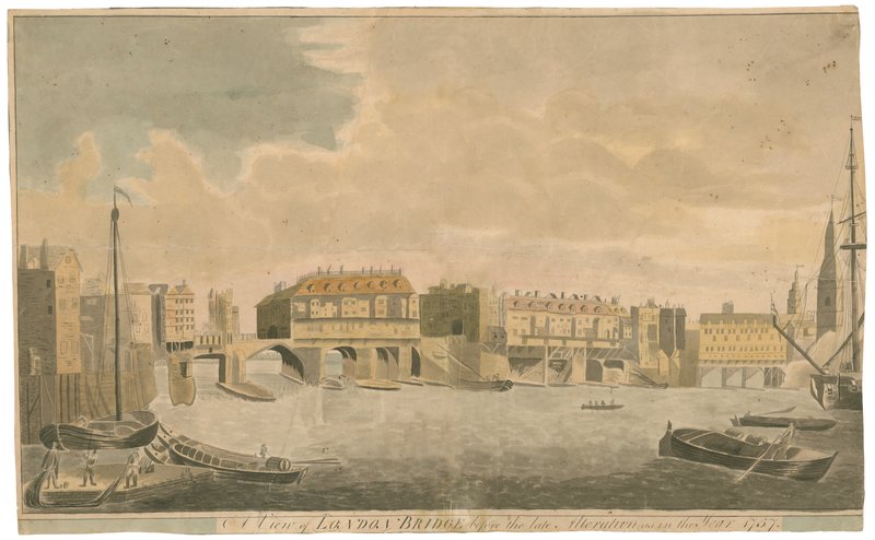 Pohled na Old London Bridge před úpravami, jako v roce 1757 od English School
