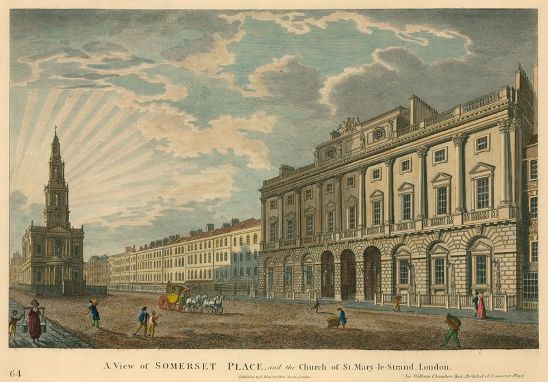 Pohled na Somerset House a St Mary-le-Strand, The Strand, Londýn od English School