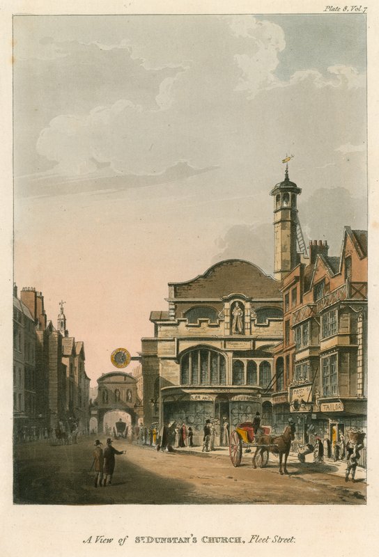 Pohled na kostel St Dunstans, Fleet Street, Londýn od English School