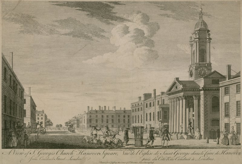 Pohled na St Georges Church, Hanover Square, z Conduit Street, Londýn od English School