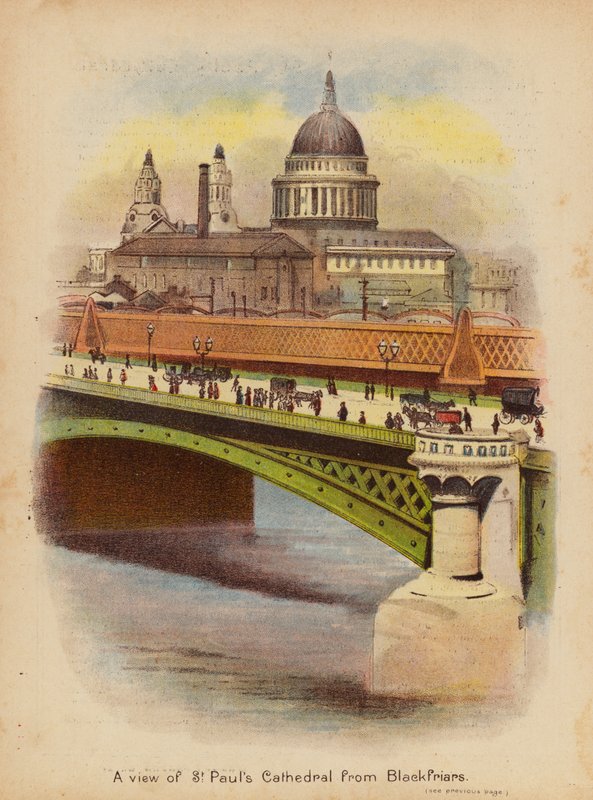 Pohled na katedrálu svatého Pavla z Blackfriars (barevná litografie) od English School