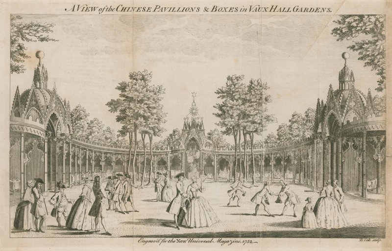 Pohled na čínské pavilony a boxy ve Vauxhall Gardens v Londýně od English School