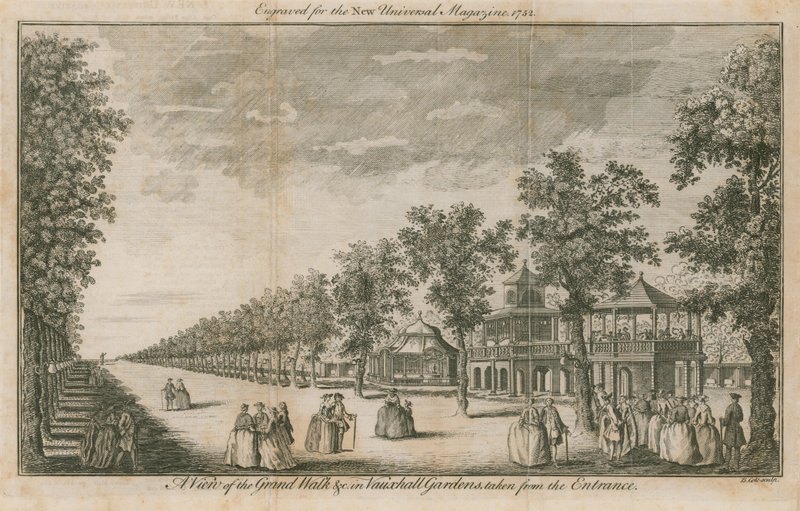 Pohled na Grand Walk ve Vauxhall Gardens v Londýně od vchodu od English School