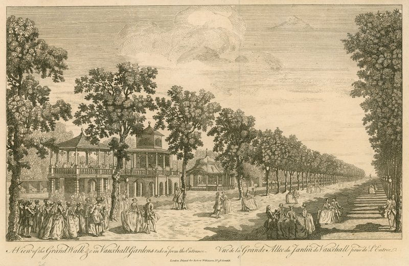Pohled na Grand Walk ve Vauxhall Gardens v Londýně od vchodu od English School