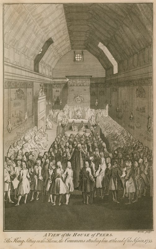 Pohled na House of Peers, král sedící na trůnu od English School