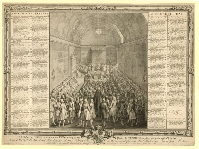 Pohled na Sněmovnu Peers, krále sedícího na trůnu, Dolní sněmovnu, která se ho účastnila na konci zasedání 17412 od English School