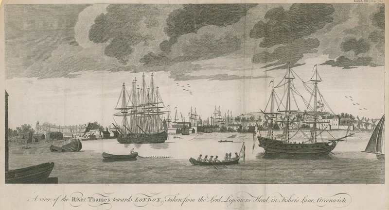 Pohled na řeku Temži směrem k Londýnu, pořízený z Lord Ligoniers Head ve Fishers Lane, Greenwich od English School