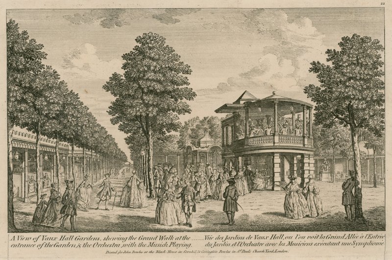 Pohled na Vauxhall Gardens v Londýně, ukazující velkou procházku u vchodu do zahrady a orchestru s hrající hudbou od English School