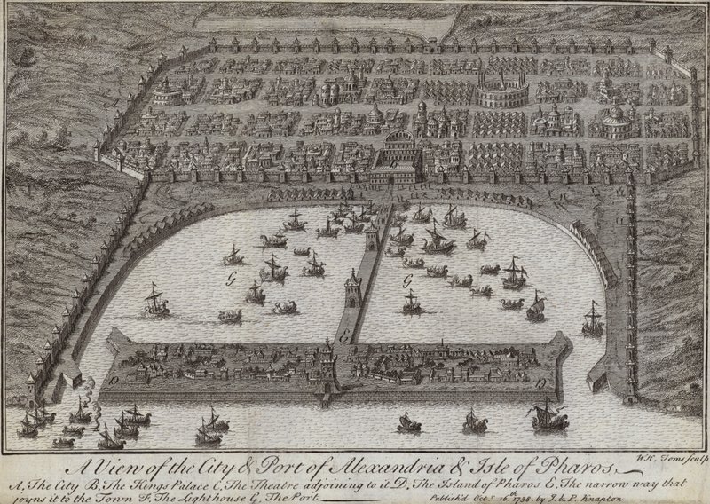 Pohled na město a přístav Alexandrie a ostrov Pharos, Egypt, 1738 od English School