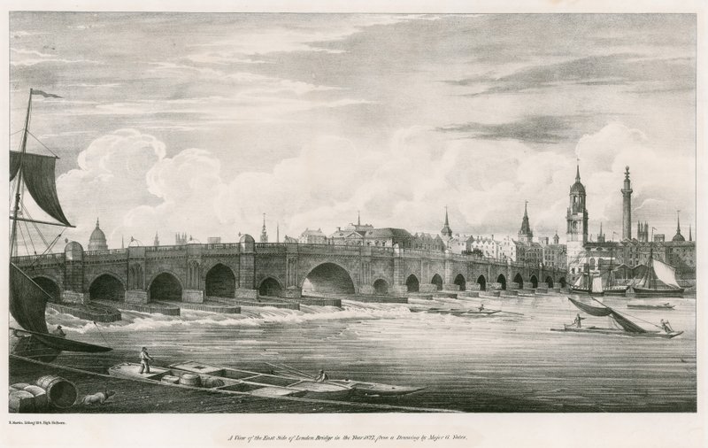 Pohled na východní stranu London Bridge v roce 1827 od English School