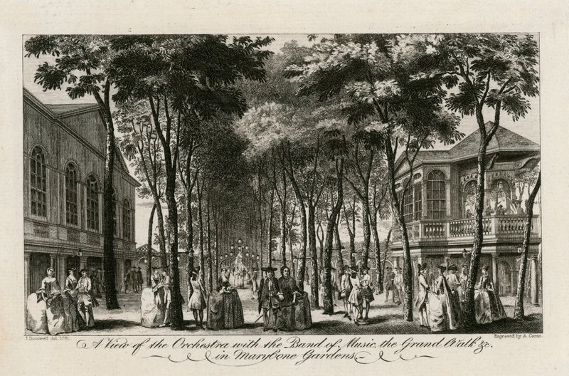 Pohled na orchestr s kapelou, Grand Walk atd. v Marylebone Gardens od English School