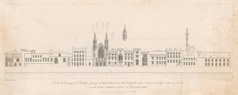 Pohled na řadu budov sousedících s Westminster Hall a naproti řece Temži od English School