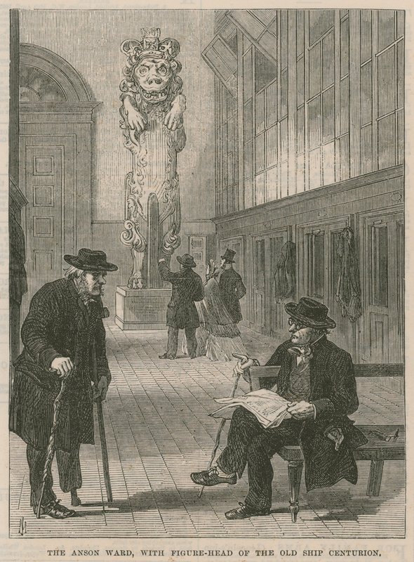 Návštěva nemocnice Greenwich; Anson Ward s loutkou staré lodi Centurion od English School