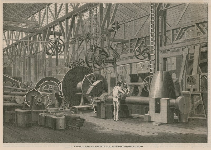 Návštěva Penns Marine Engine Factory v Greenwichi v Londýně; Soustružení lopatkového hřídele pro parní loď od English School
