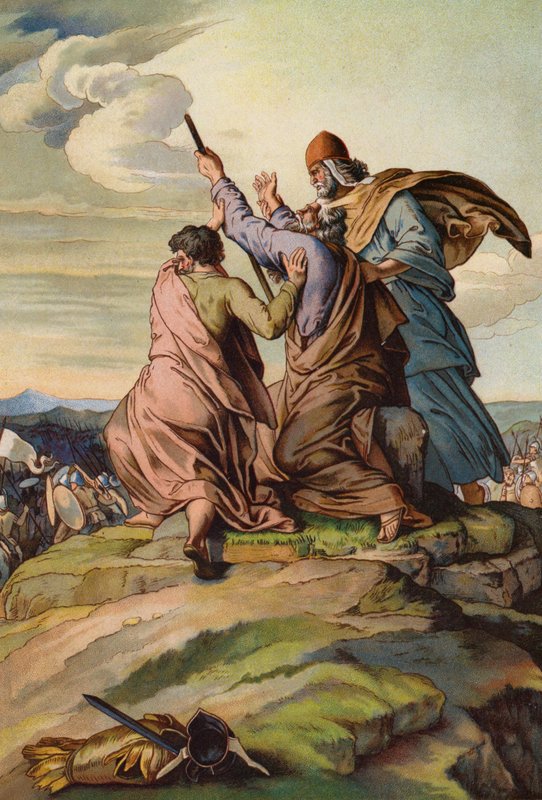 Áron a Hur zvedli ruce Mojžíše, když Jozue a Izraelité porazili Amalekity (chromolitho) od English School