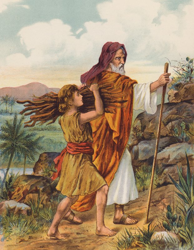 Abraham a Izák vystupují na horu Moria (barevná litografie) od English School
