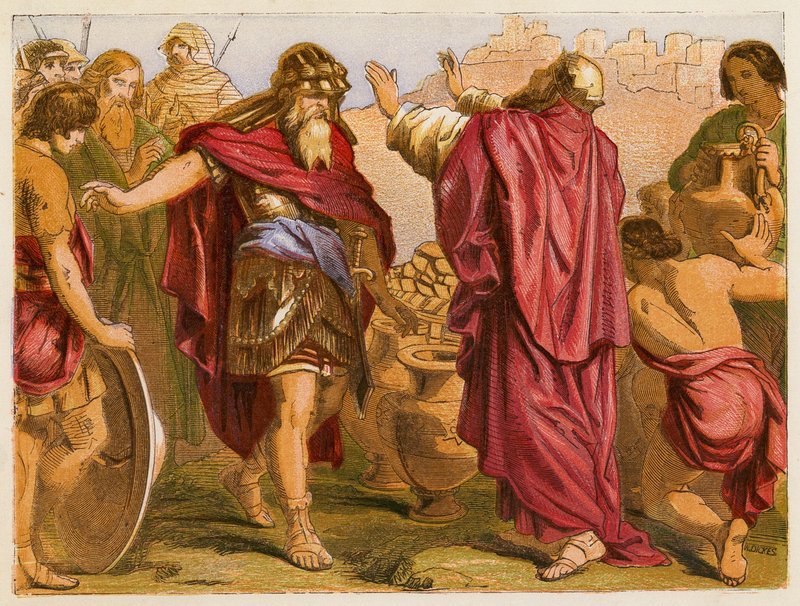 Abraham a Melchisedech (barevná litografie) od English School