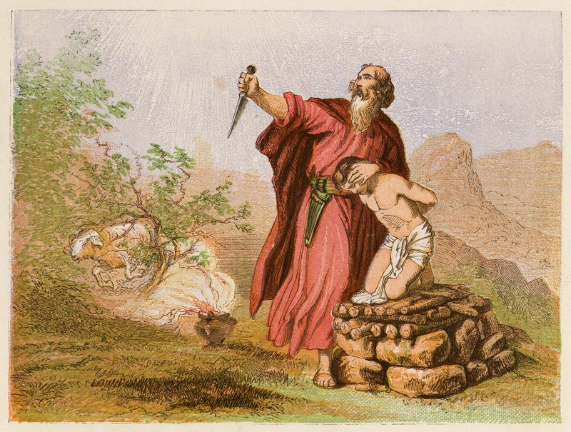 Abraham obětuje Izáka (barevná litografie) od English School