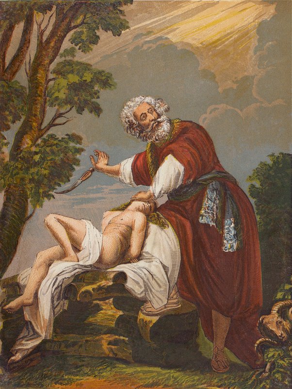 Abraham obětuje svého syna Izáka (barevná litografie) od English School