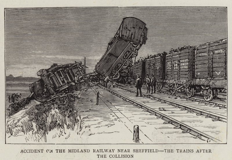 Nehoda na Midland Railway poblíž Sheffieldu, vlaky po kolizi (rytina) od English School