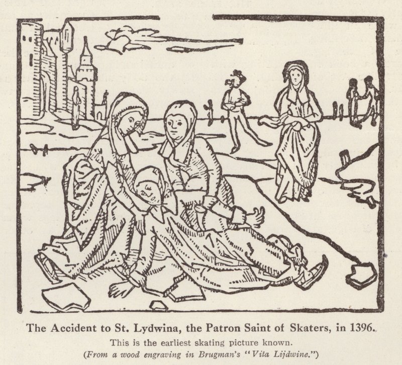 Nehoda se svatou Lydwinou, patronkou bruslařů, v roce 1396 (litho) od English School