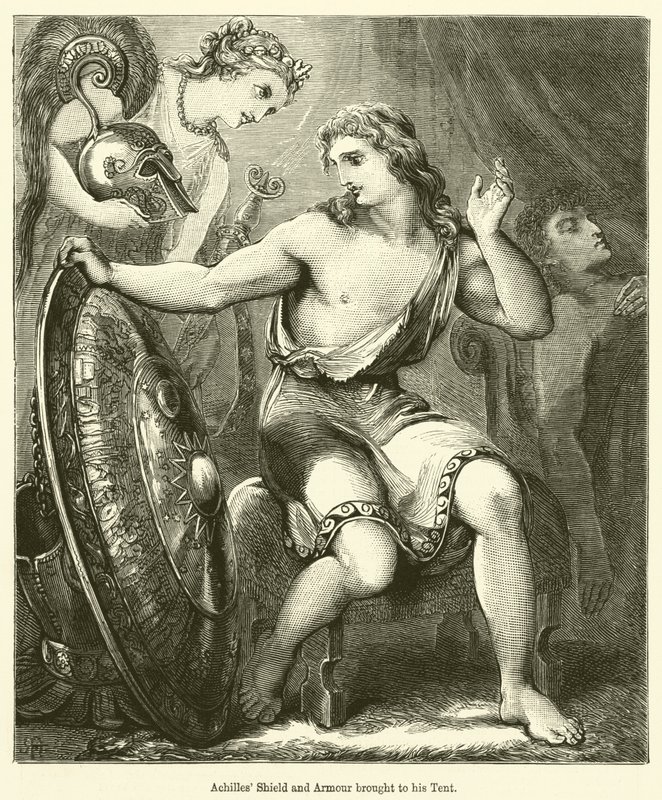 Achillův štít a zbroj přinesené do jeho stanu (rytina) od English School