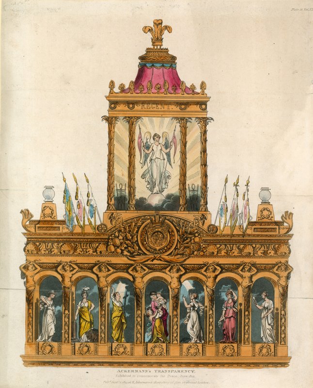 Ackermannova průsvitka, vystavená na památku míru, červen 1814 od English School