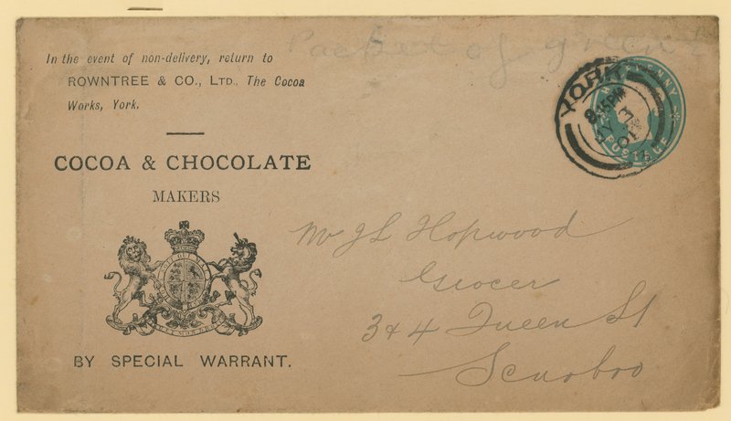 Štítek s adresou od Rowntree & Co, The Cocoa Works, York od English School