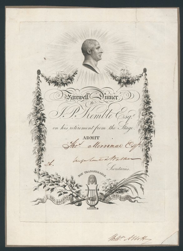 Vstupenka na večeři na oslavu rozloučení Johna Kemblese s jevištěm, 1819 od English School