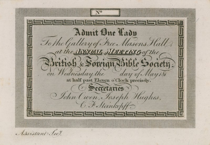 Vstupenka na výroční zahraniční biblickou společnost ve Freemasons Hall od English School