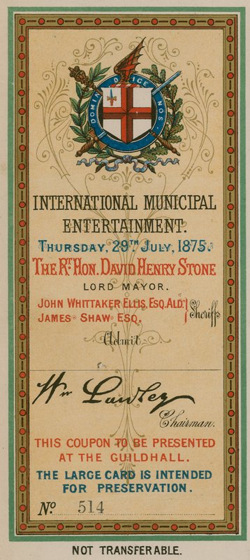 Vstupenka do International Municipal Entertainment v Guildhall, Londýn, 29. července 1875 od English School