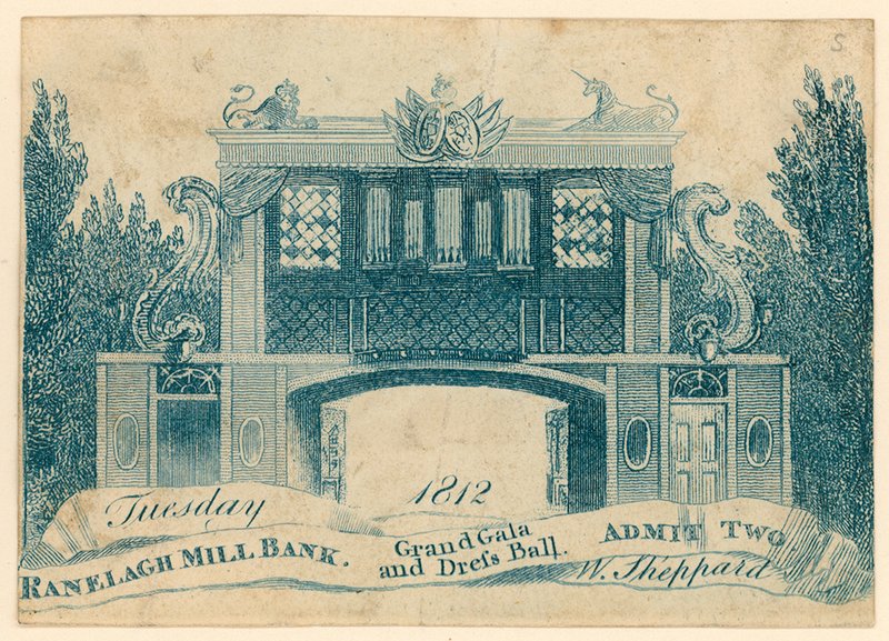 Vstupenka na velký gala a společenský ples v Ranelagh Gardens, Millbank, Londýn. 1812 od English School