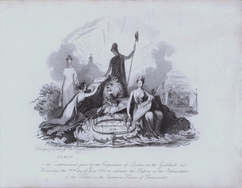 Vstupenka na zábavu v Guildhall poskytnutá společností Corporation of City of London na oslavu schválení zákona o velké reformě z roku 1832 sněmovnou (lept) od English School