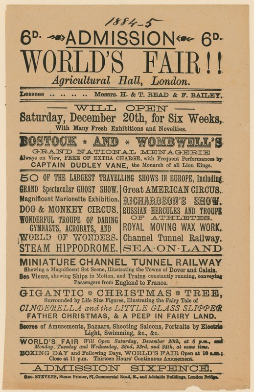 Vstupné na Worlds Fair, Agricultural Hall, Islington, 188485 od English School