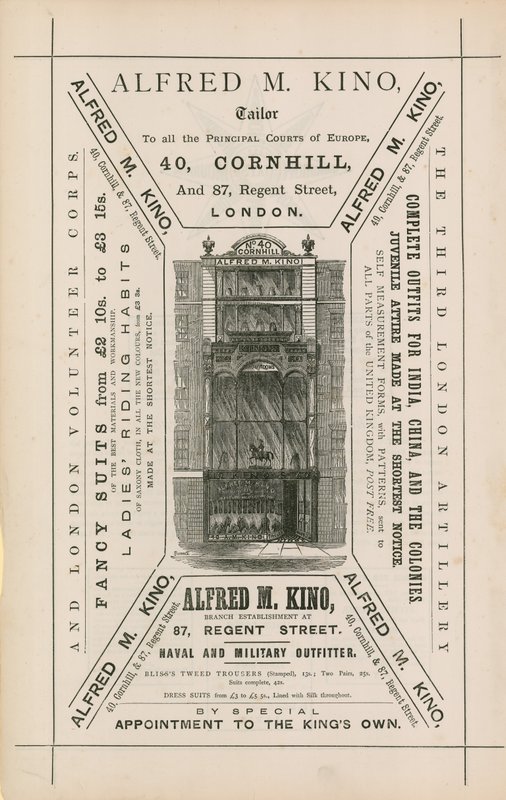 Reklama na Alfred M Kino, krejčí, 40 Cornhill a 87 Regent Street, Londýn od English School