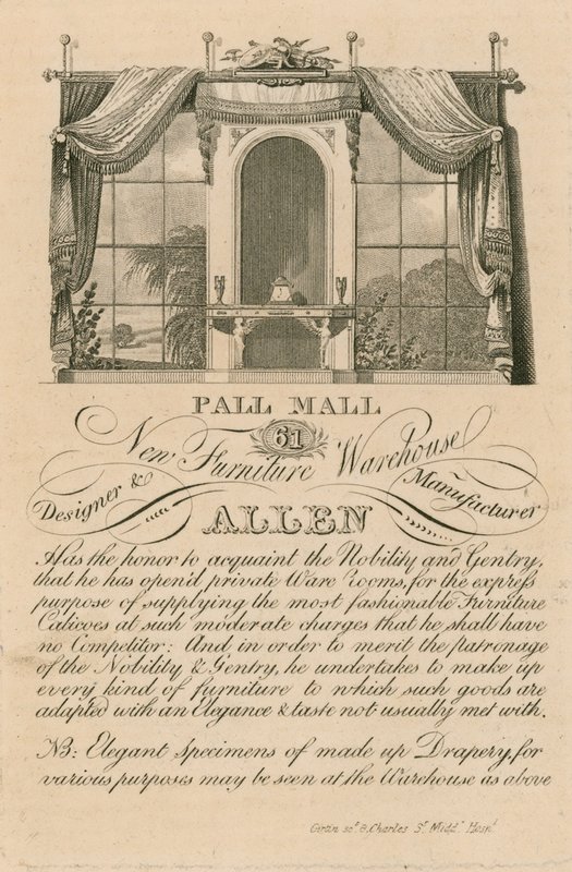 Reklama na nový sklad nábytku Allens, 61 Pall Mall, Londýn od English School
